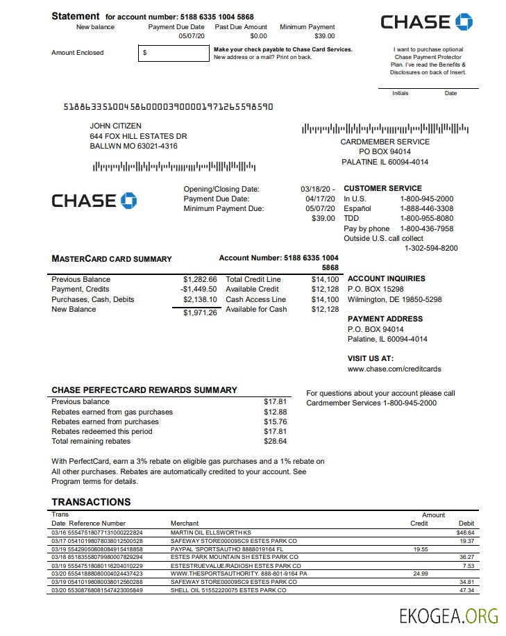 Relevé de carte Mastercard de la banque USA Chase, modèle facile à remplir au format Word et PDF